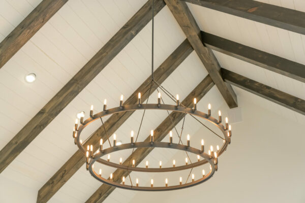 Light hanging from vaulted ceiling